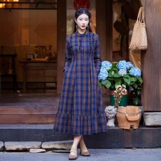 【時尚巴黎】現貨+預購 新中式連身裙長袖洋裝純棉長裙(顯瘦格子復古荷葉邊女裙子74ku63)