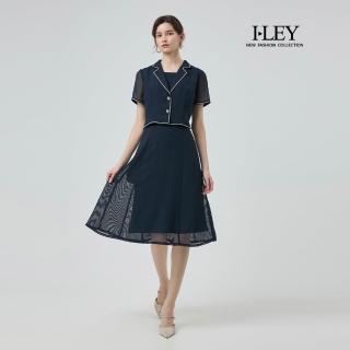 【ILEY 伊蕾】貴氣海軍風假兩件縲縈洋裝(深藍；M-2L；1252317048)