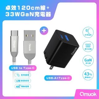 【amuok】33W迷你電源供應器+卓效USB to Type-C 充電線 120公分(USB+Type-C 充電器 PD快充 iPhone可充)