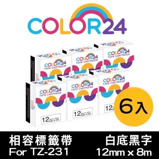 【Color24】for Brother 6入組 TZ-231/TZe-231 白底黑字 副廠 相容標籤帶 寬度12mm(適用PT-P300BT)
