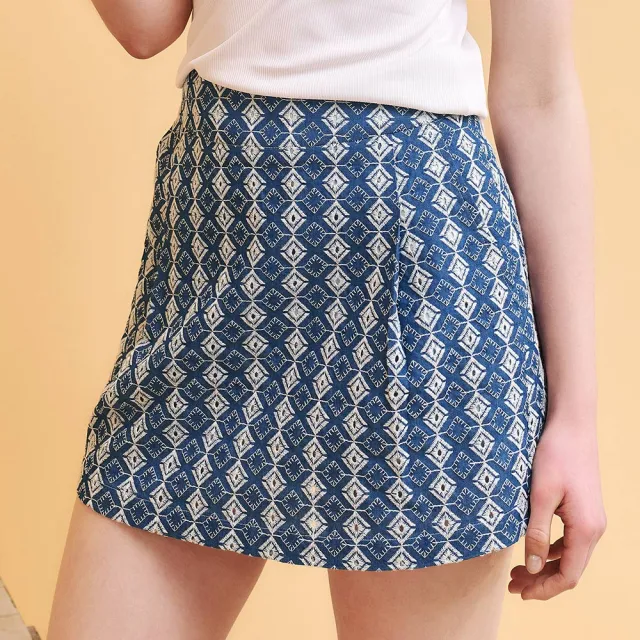 【OUWEY 歐薇】小菱格刺繡純棉蕾絲短褲裙(藍；S-L；3252322462)