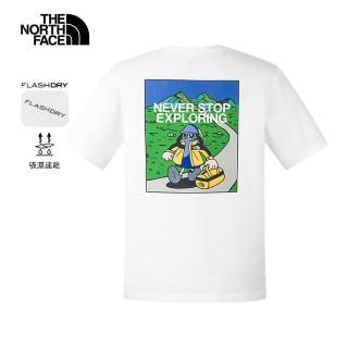 【The North Face 官方旗艦】北面男女款白色吸濕排汗戶外山川印花短袖T恤｜8GZ2FN4(排汗衫)