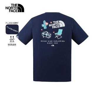 【The North Face 官方旗艦】北面男女款藍色吸濕排汗趣味印花短袖T恤｜8GZ58K2(排汗衫)