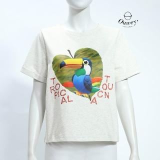 【OUWEY 歐薇】大嘴鳥膠印寬鬆棉質上衣(灰；S-L；3252391233)