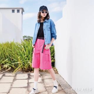 【mia mia】LOGO撞色飾帶五分寬口褲