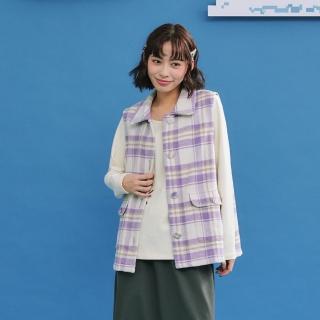 【Dailo】大口袋格紋毛呢背心(綠 紫)