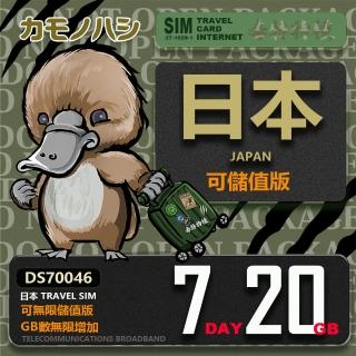 【鴨嘴獸 旅遊網絡卡】Travel Sim 日本7天 20GB 網絡卡(漫遊卡 日本上網 日本網絡卡)