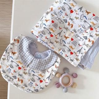 【Lianne baby】彌月禮盒組 韓國純棉布嬰兒被 環遊世界雙面圍兜(口水巾 新生兒 彌月禮盒)