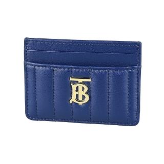 【BURBERRY 巴寶莉】BURBERRY電鍍金字LOGO絎縫小羊皮4卡拉鍊卡片夾(海軍藍)