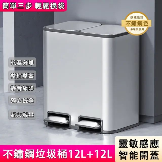 【佳美多】垃圾桶 家用 廚房 幹濕分離垃圾桶 不鏽鋼 腳踏 客廳帶蓋 雙桶 腳踩大號衛生桶 (雙桶雙蓋)
