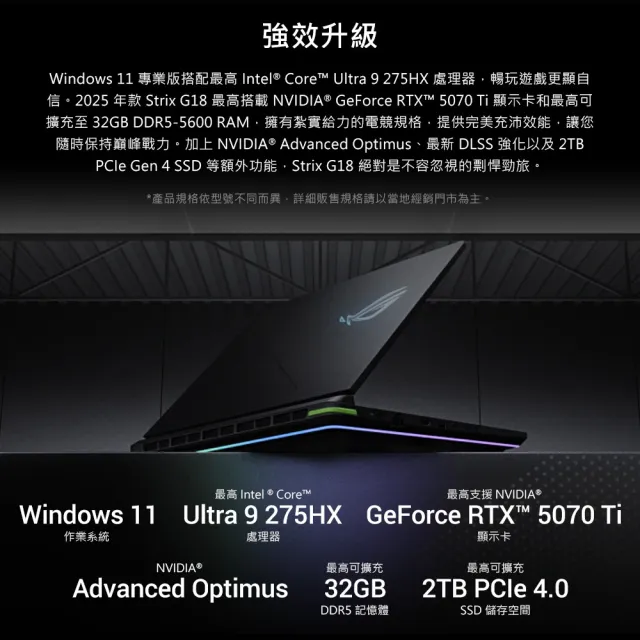 【ASUS 華碩】18吋Ultra 9 GeForce RTX 5070 Ti 電競AI筆電(G815LR-0021G275HX-NBL/Ultra 9-275HX/32G/1T)