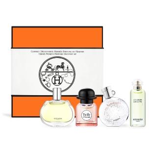 【Hermes 愛馬仕】小香禮盒四入組 絲巾+尼羅河花園+橘彩星光+巴赫尼(7.5mlX4-國際航空版)
