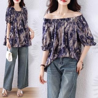 【ALLK 歐楷】新品 一字領雪紡衫上衣 花色(尺寸L-XXL/中大尺碼/涼爽/透氣)