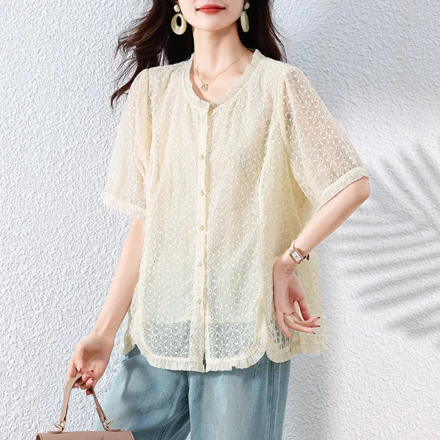 【ALLK 歐楷】新品 蕾絲剪接上衣 米杏色(尺寸L-XXL/中大尺碼/涼爽/透氣)