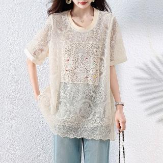 【ALLK 歐楷】新品 蕾絲釘珠上衣 米白色(尺寸L-XXL/中大尺碼/涼爽/透氣)
