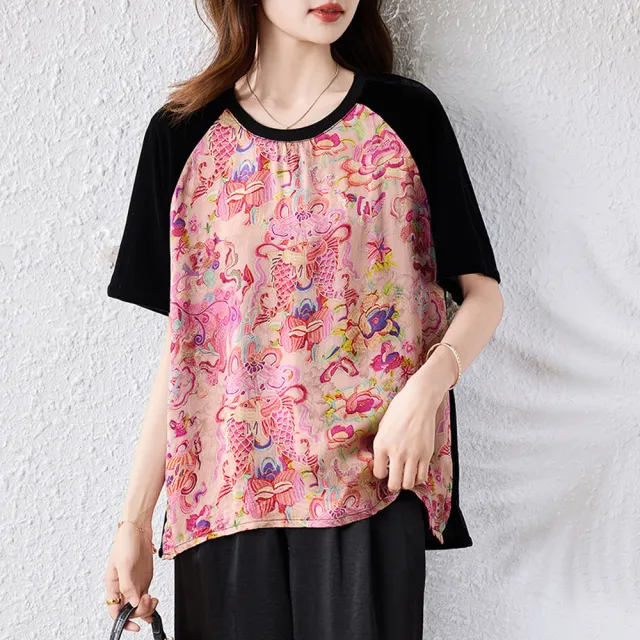 【ALLK 歐楷】新品 印花配色上衣 紅色(尺寸L-XXL/中大尺碼/涼爽/透氣)