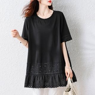 【ALLK 歐楷】新品 刺繡拼接上衣 黑色(尺寸L-XXL/中大尺碼/涼爽/透氣)