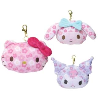 【小禮堂】Sanrio 三麗鷗 絨毛大臉伸縮票卡零錢包吊飾 櫻花款 Kitty 美樂蒂 酷洛米(平輸品)
