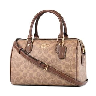 【COACH】緹花LOGO防刮皮革手提/斜背二用波士頓包-棕褐