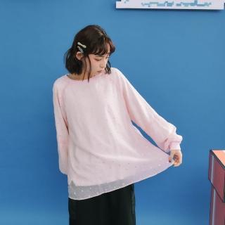【Dailo】繡花圓點紗假兩件式長袖上衣(粉 米)