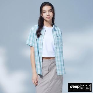 【JEEP】女裝 清新藍調格紋短袖襯衫(藍色)
