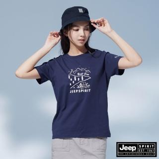 【JEEP】女裝 戶外山系圖騰印花短袖T恤(深藍色)