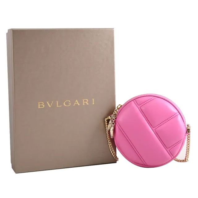 【BVLGARI 寶格麗】品牌經典蛇頭絎縫牛皮圓餅零錢包小廢包斜背包(桃紅)