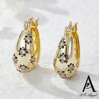 【ANGEL】流星黑花水鑽歐美半月圈圈垂墜耳環(金色)