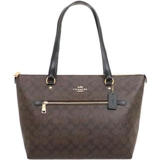 【COACH】黑x深咖啡PVC滿版LOGO大款拉鍊開口托特包