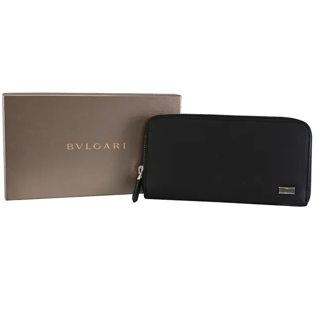 【BVLGARI 寶格麗】簡約金屬釦NAPPA皮革拉鍊發財零錢長夾(黑)