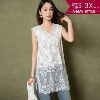 【艾美時尚】夏新品 中大尺碼女裝 上衣 時尚設計感V領透膚蕾絲中長版背心。S-3XL(白.預購)