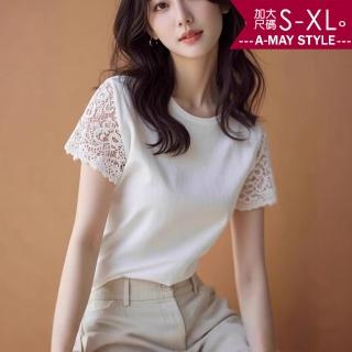 【艾美時尚】夏新品 中大尺碼女裝 上衣 氣質蕾絲拼接設計短袖T恤上衣。S-XL(白.預購)