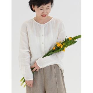 【米蘭精品】現貨+預購 襯衫長袖上衣(亞麻圓領寬鬆休閒女裝74kc85)