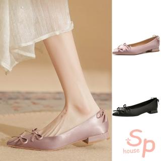 【Sp house】典雅雙蝴蝶結尖頭羊皮鞋墊低跟淑女鞋(2色可選)