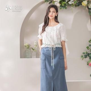 【IRIS 艾莉詩】清新鏤空蕾絲收腰上衣-淺米白(52112)