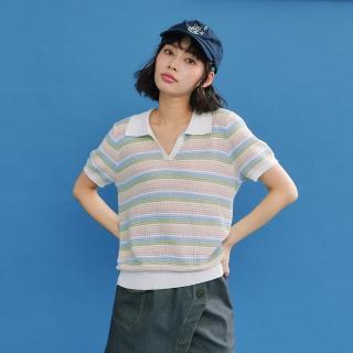 【Dailo】彩虹條紋半開襟短袖針織上衣(粉 灰/魅力商品)