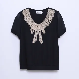 【巧玲瓏】蝴蝶結造型刺繡蕾絲領上衣 7413001