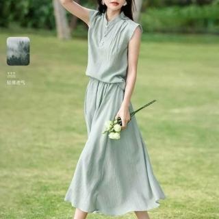 【MsMore】松石綠清爽無袖小衫短袖上衣半身長裙兩件式套裝#125005(綠)