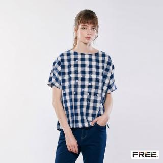 【FREE】INDIGO棉麻格子小船領上衣(暗藍/丈青)