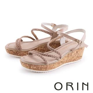 【ORIN】牛皮水鑽細帶纏繞楔型厚底涼鞋(裸色)