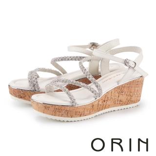 【ORIN】牛皮水鑽細帶纏繞楔型厚底涼鞋(白色)