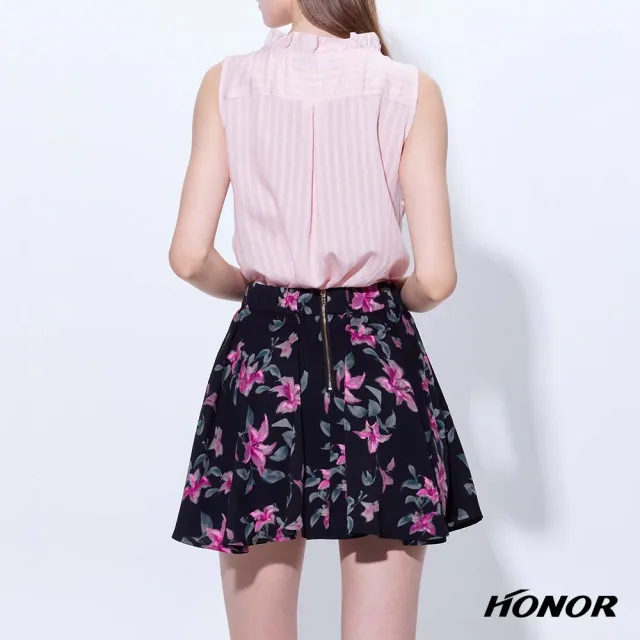 【HONOR 山形屋】出清品 優雅花卉印花後拉鍊鬆緊百褶短裙-黑(限定出清)