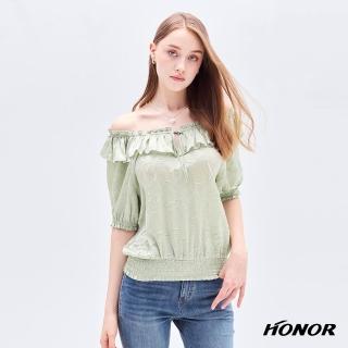 【HONOR 山形屋】柔美荷葉綁帶鬆緊立體一字領上衣-綠