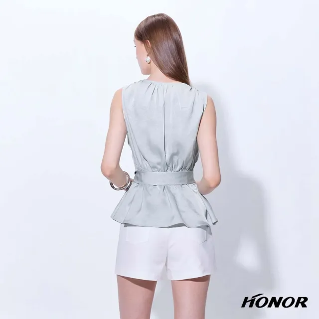 【HONOR 山形屋】出清品 綁帶荷葉下擺交叉收腰無袖上衣-綠(限定出清)