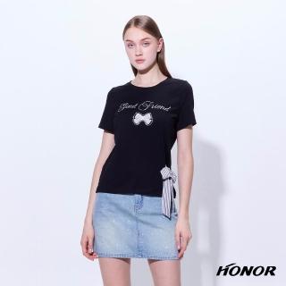 【HONOR 山形屋】甜美蝴蝶結亮鑽字母條紋綁帶上衣-黑/粉