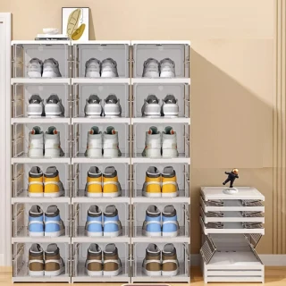 【Ashley House】5色厚料-喬登免安裝一體式加厚強化透明折疊鞋盒-6層2入(鞋架 鞋櫃 收納盒 收納櫃)