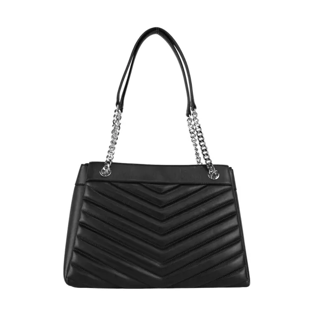 【Michael Kors】Whitney 銀釦縫線皮革鏈帶中型三層托特包(黑色)