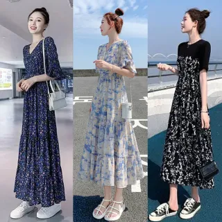 【JILLIKO】赫本風拼接碎花長裙洋裝連衣裙M/L/XL(多款任選)