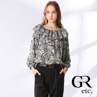 【GLORY21】網路獨賣款-etc.荷葉領口圖騰印花造型上衣(米白色)