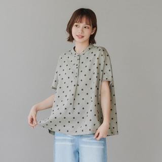 【Simply Yours 類似簡約】亞麻圓點半開襟上衣 灰F(亞麻圓點半開襟上衣)